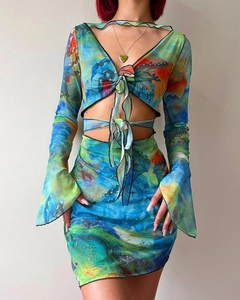 Detailed view of the abstract butterfly print mesh fabric and front tie-up hollow-out design