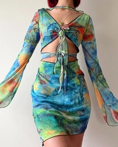 Detail of vibrant butterfly print mesh dress with tie-up front and long flared sleeves