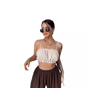 Women's sexy ruffle crop top with spaghetti straps in beige for a versatile summer look