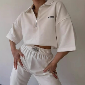 Women Casual Polyester Top And Bottom Set Letter Printed Half Zip Lapel Short Sleeve Hoodie And Sweatpants Sportswear