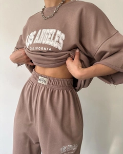 Close-up of Los Angeles printed short sleeve sweatshirt and matching joggers set
