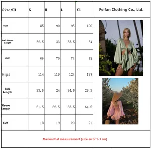 Size chart for French style long sleeve crop top and shorts set with measurements in centimeters