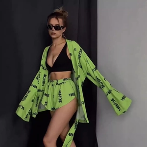 Dreiteiliges Freizeit-Set mit neongrünem Print und lockerer Langarm-Strickjacke für Damen