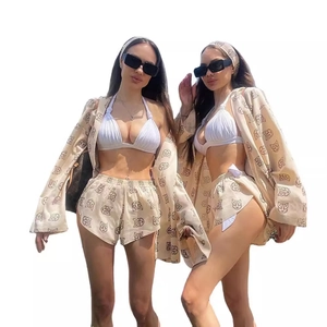 Damen 4-teiliges Strandset mit geometrischem Katzenprint, Cardigan, Shorts und Bikini