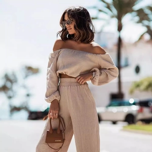 Elegant Women Pleated Top And Bottom With Off Shoulder Long Sleeve Shirt And High Waist Wide Leg Pants Solid Color Clothing