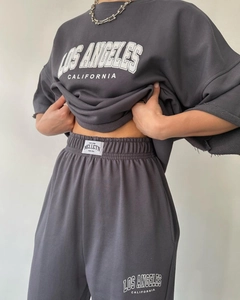 Detail of Los Angeles printed letter design on dark gray cotton casual two-piece set