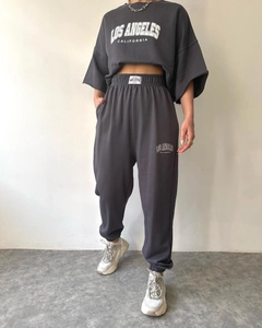 Detail of Los Angeles print on dark gray short sleeve sweatshirt and joggers set