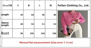 Size chart showing S-XL measurements for the pink crochet knit sweater top