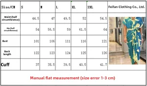 Tableau des tailles détaillé pour robe chemise imprimée montrant poitrine et longueur