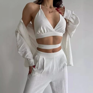 Costumes Décontractés en Polyester pour Femmes Couleur Unie Top And Bottom Blazer Avec Camisole à Lacets Et Pantalon Droit à Taille Haute