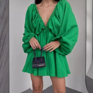 Women V Neck Lantern Sleeve Pleated Mini Dress Elegant Puff Sleeve A-Line Short Dress Casual Solid Color babydoll Dress