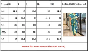 Detailed size guide table for women's printed short sleeve button-down midi dress