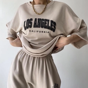 Women Casual Short Sleeve Sweatshirt And Long Pants With Los Angeles Letter Print Cotton Blend Streetwear Tracksuit