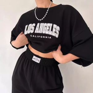 Black Los Angeles printed crop sweatshirt and matching drawstring joggers set for women