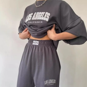 Casual dark grey two-piece lounge set with Los Angeles print and high waist drawstring pants