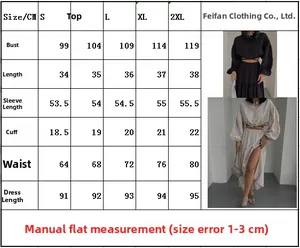 Detailed size chart for lace-up long sleeve top and side slit maxi skirt set