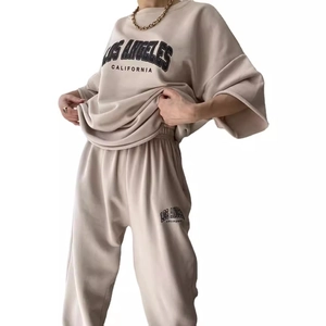 Women's apricot oversized sweatshirt and joggers set with Los Angeles California print