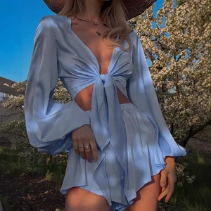 Sexy Satin V-Neck Lace-Up Top And Bottom For Women Elegant Lantern Sleeve Crop Top And High Waist Shorts Vacation Outfit Casual Fashion