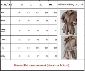 Detailed size chart for women long sleeve crop top and drawstring shorts lounge set