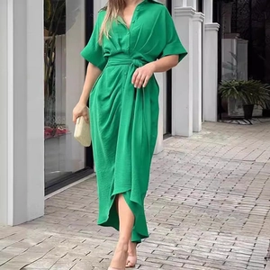Robe Chemise Femme Manches Courtes Revers Boutonnage Simple Taille Haute Avec Ceinture Robe Midi Plissée Robe Décontractée Vacances Floral Unie