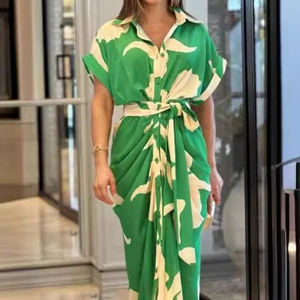 Women Short Sleeve Printed Shirt Midi Dress With Lapel Collar Single Breasted Tie Waist Elegant Casual Polyester Dress