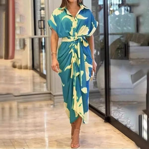 Women's floral print button-down midi shirt dress with short sleeves and waist tie belt
