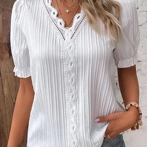 Women's Summer V-Neck Short Sleeve Blouse Casual Lace Hollow Out Pleated Shirt Elegant Solid Color Ruffle Cuff Top