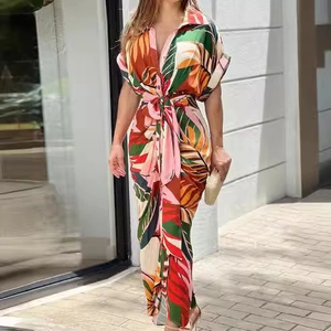 Tropical leaf print short sleeve maxi shirt dress with button-up front and waist tie
