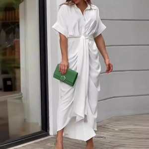 Elegant white short-sleeved satin shirt dress with a knotted waist and button-down collar