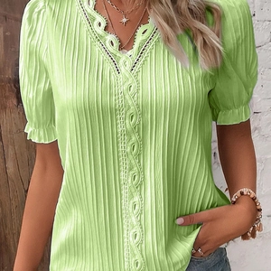 Women's light green V-neck lace hollow blouse with pleated texture and ruffle sleeves