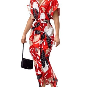 Summer V-neck short sleeve floral midi shirt dress with red leaf print and waist tie belt