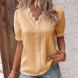 Fashionable yellow V-neck short sleeve blouse with white lace embroidery and pleats