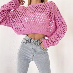 Pink crochet hollow knit crop top with round neck and flared long sleeves for women