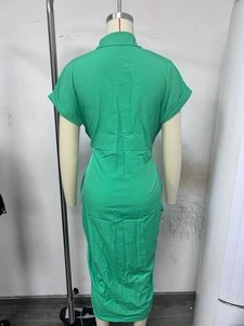 Back view of a green short-sleeved shirt dress with lapel collar and high waist design