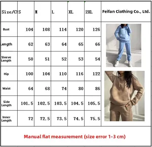 Detailed size chart for fleece hoodie and sweatpants set in sizes S to 2XL with measurements