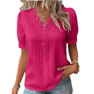 Women's V-neck lace embroidered shirt in rose red with textured vertical pleats