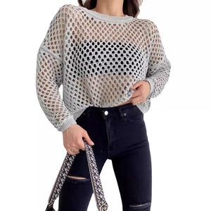 Women's loose grey hollow knit sweater with flare sleeves and diamond mesh pattern