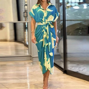 Blue floral shirt dress with short sleeves, lapel collar, and matching waist belt