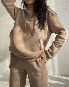 Detailed view of khaki fleece oversized drawstring hoodie and matching jogger pants set