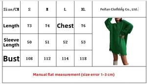 Size chart showing length and bust for oversized knit sweater with distressed hem details