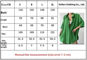Size chart for women's casual split-sleeve shirt and shorts set showing measurements in CM