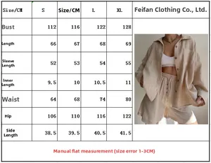 Detailed size chart for the women's crinkle fabric long sleeve shirt and drawstring shorts set