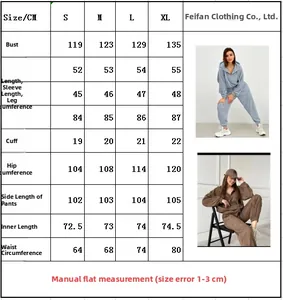 Detailed size chart for women's long sleeve hooded zipper tracksuit set with measurements