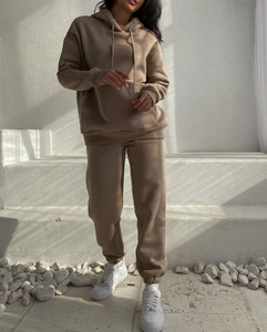 Detail of tan fleece-lined hoodie set with drawstring and pockets in modern lighting