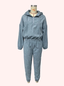 Detail of light blue corduroy tracksuit set featuring a half-zip hoodie and jogger pants