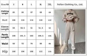 Detailed size chart for women's Los Angeles printed sweatshirt and matching joggers set