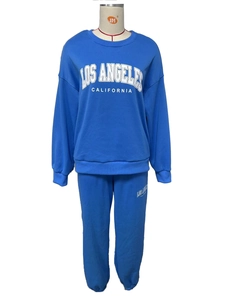 Detail view of blue Los Angeles printed fleece tracksuit set on a white mannequin