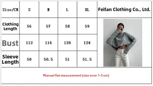 Size chart for women's cable knit turtleneck sweater with detailed measurements in centimeters