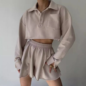 Women Casual Polyester Top And Bottom Outfit Long Sleeve Cropped Polo Shirt And Drawstring Shorts Solid Color Sporty Clothing Set