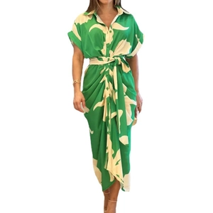 Short sleeve floral print shirt dress with lapel collar and waist tie for summer fashion